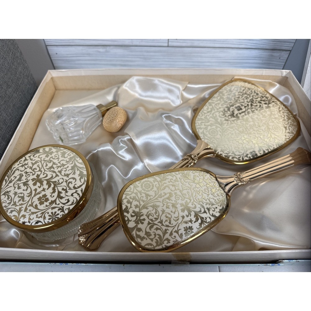 Vintage Mirror and Brush Vanity Set Gold Tone Scroll Design Metal Hand Held